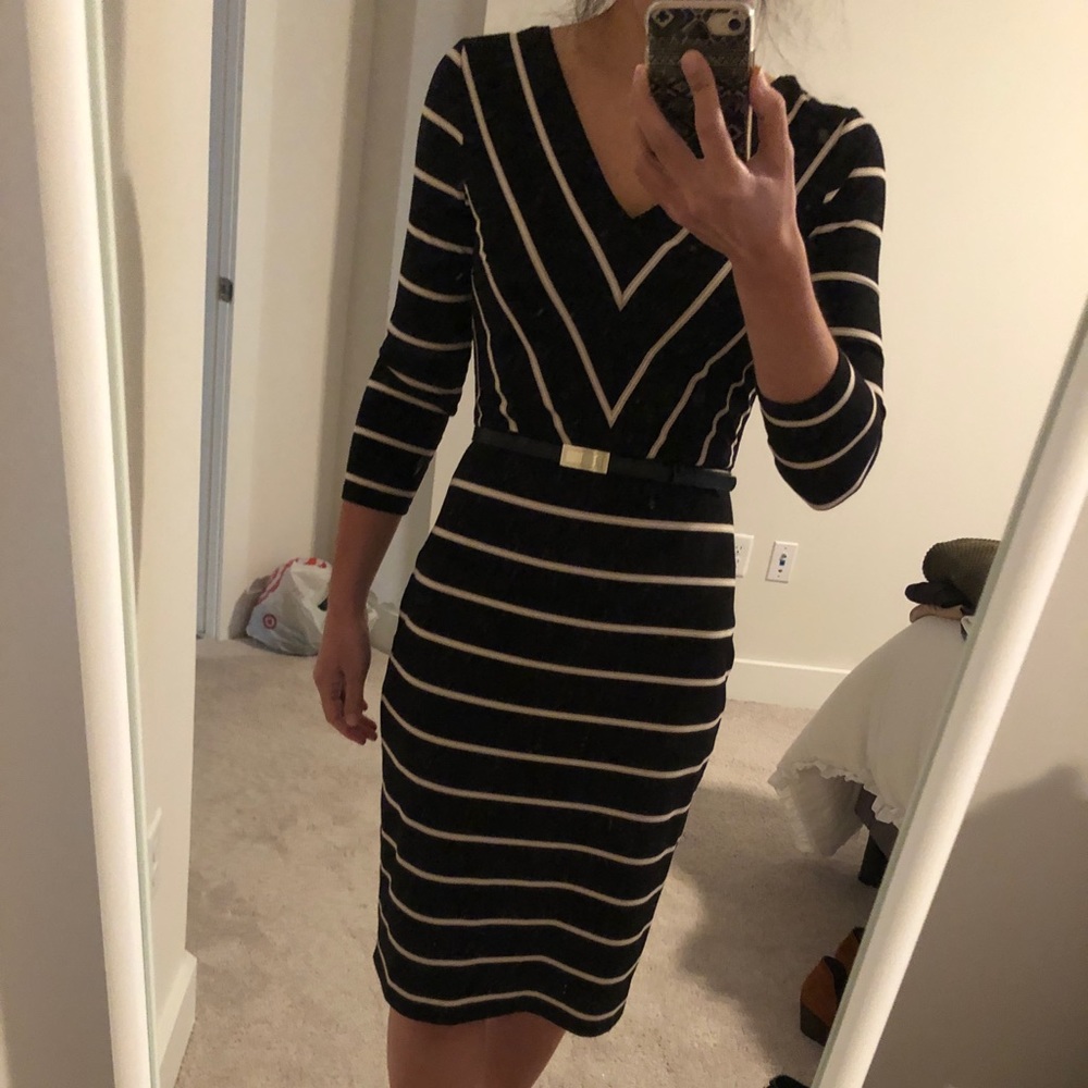 WHBM Printed Black and Tan Belted Dress